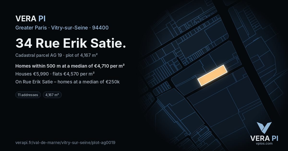 34 Rue Erik Satie, Vitry-sur-Seine at night – the plot lit, the parcels around coloured by the prices near them