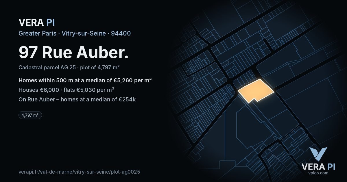 97 Rue Auber, Vitry-sur-Seine at night – the plot lit, the parcels around coloured by the prices near them