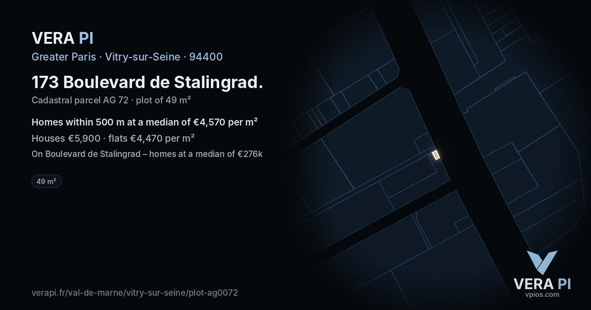 173 Boulevard de Stalingrad, Vitry-sur-Seine at night – the plot lit, the parcels around coloured by the prices near them