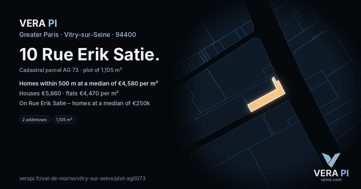 10 Rue Erik Satie, Vitry-sur-Seine at night – the plot lit, the parcels around coloured by the prices near them