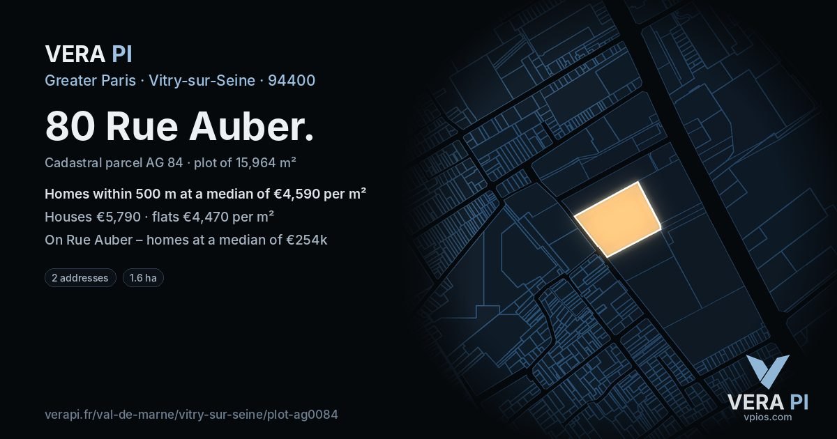 80 Rue Auber, Vitry-sur-Seine at night – the plot lit, the parcels around coloured by the prices near them
