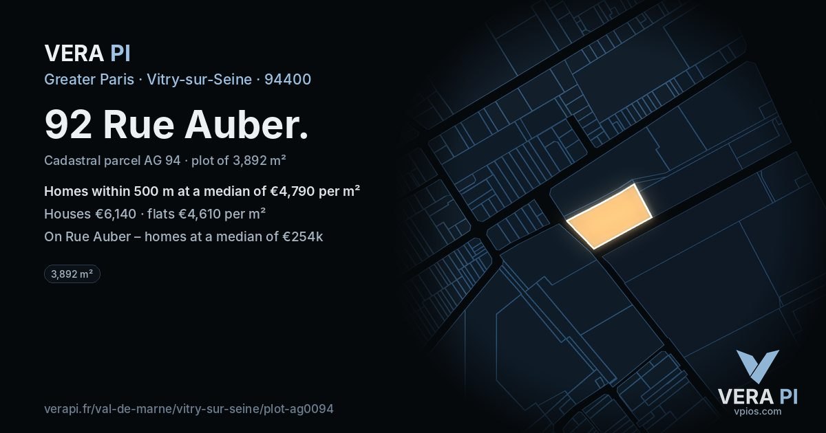 92 Rue Auber, Vitry-sur-Seine at night – the plot lit, the parcels around coloured by the prices near them