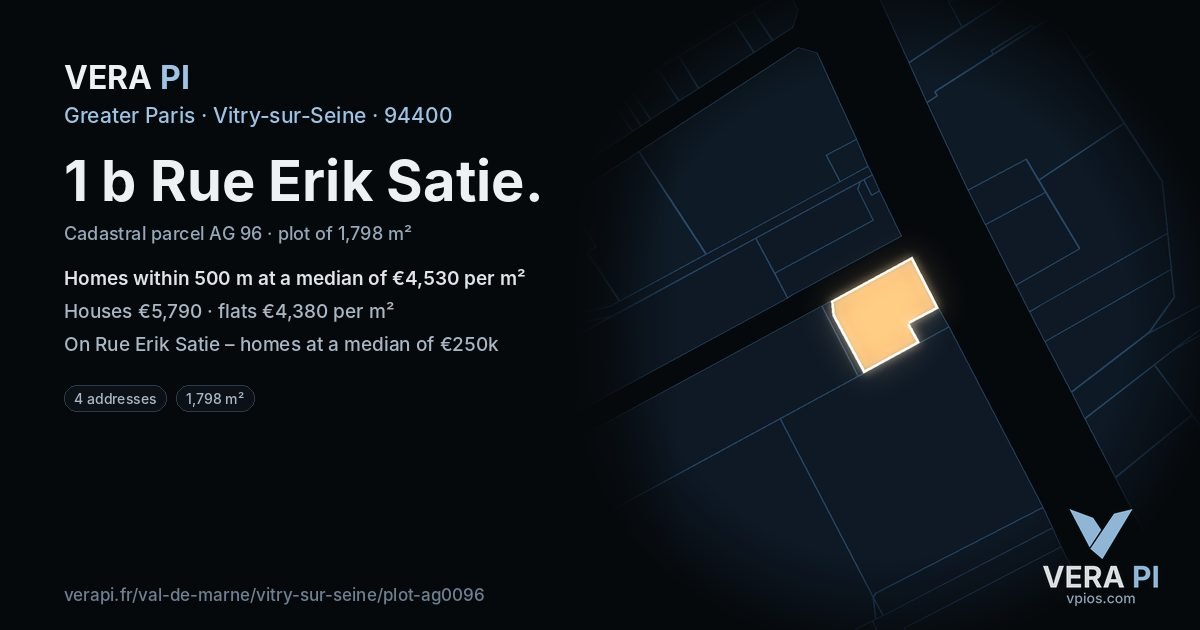 1 b Rue Erik Satie, Vitry-sur-Seine at night – the plot lit, the parcels around coloured by the prices near them