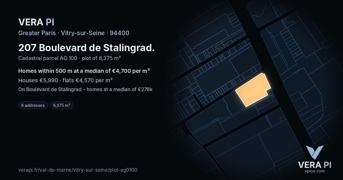 207 Boulevard de Stalingrad, Vitry-sur-Seine at night – the plot lit, the parcels around coloured by the prices near them