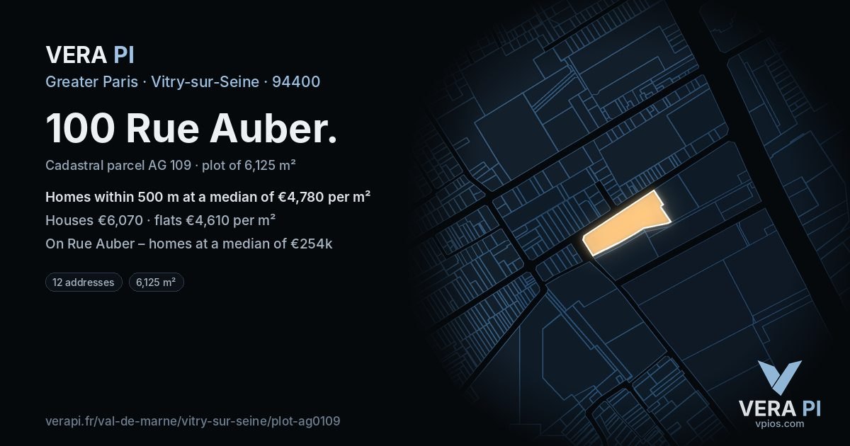 100 Rue Auber, Vitry-sur-Seine at night – the plot lit, the parcels around coloured by the prices near them