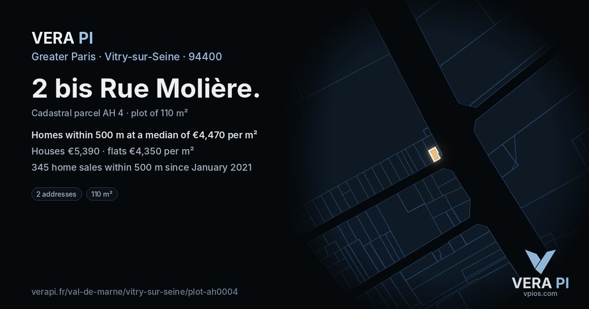 2 bis Rue Molière, Vitry-sur-Seine at night – the plot lit, the parcels around coloured by the prices near them