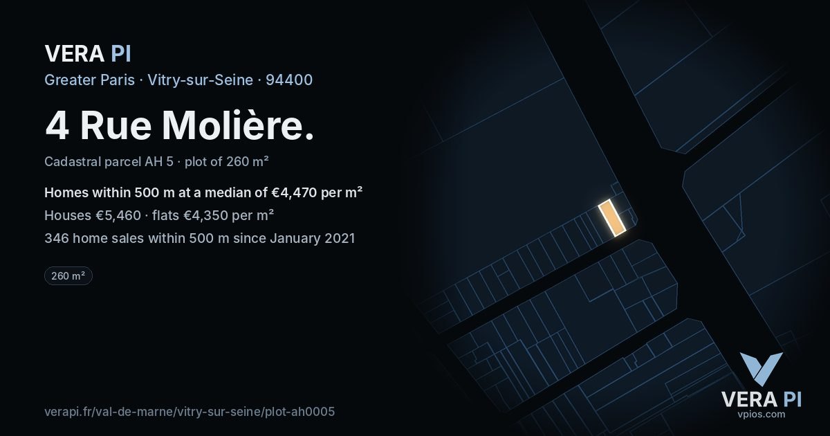 4 Rue Molière, Vitry-sur-Seine at night – the plot lit, the parcels around coloured by the prices near them