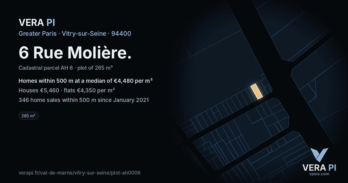 6 Rue Molière, Vitry-sur-Seine at night – the plot lit, the parcels around coloured by the prices near them