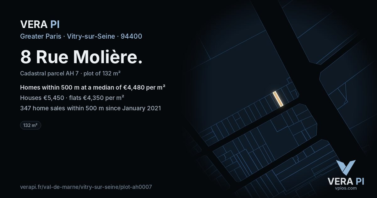 8 Rue Molière, Vitry-sur-Seine at night – the plot lit, the parcels around coloured by the prices near them