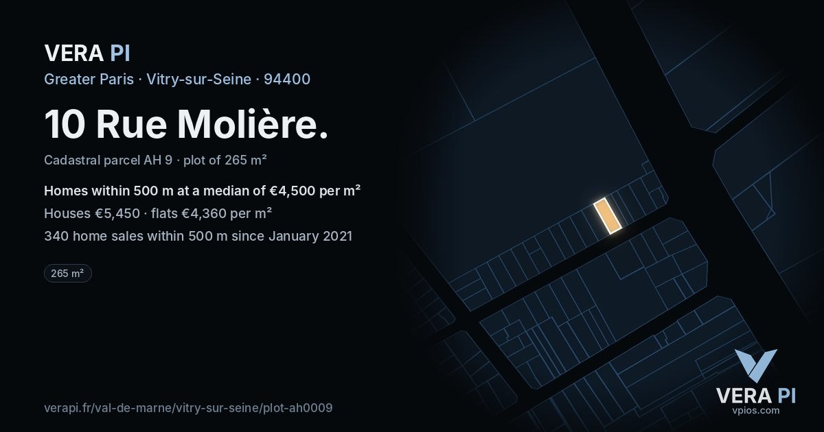 10 Rue Molière, Vitry-sur-Seine at night – the plot lit, the parcels around coloured by the prices near them