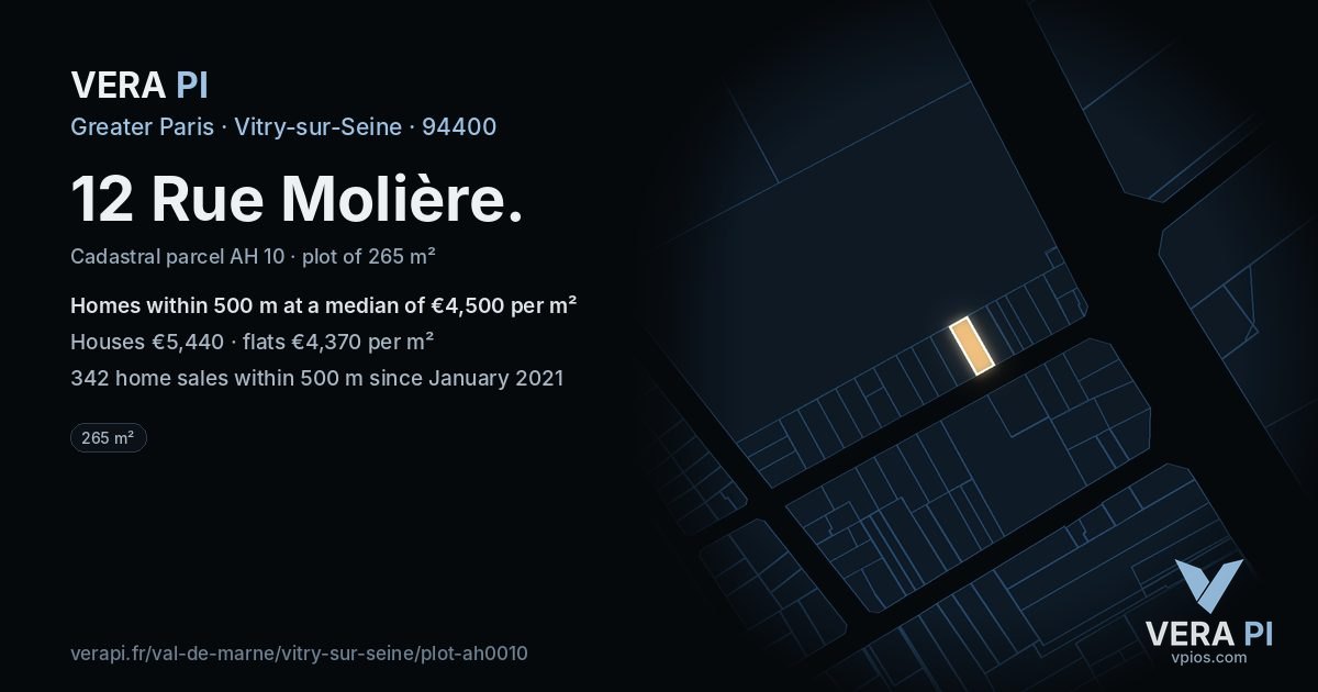 12 Rue Molière, Vitry-sur-Seine at night – the plot lit, the parcels around coloured by the prices near them