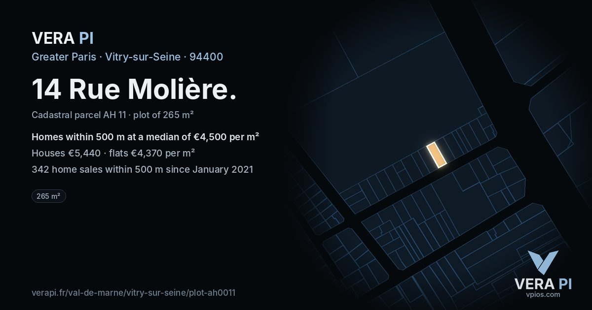 14 Rue Molière, Vitry-sur-Seine at night – the plot lit, the parcels around coloured by the prices near them