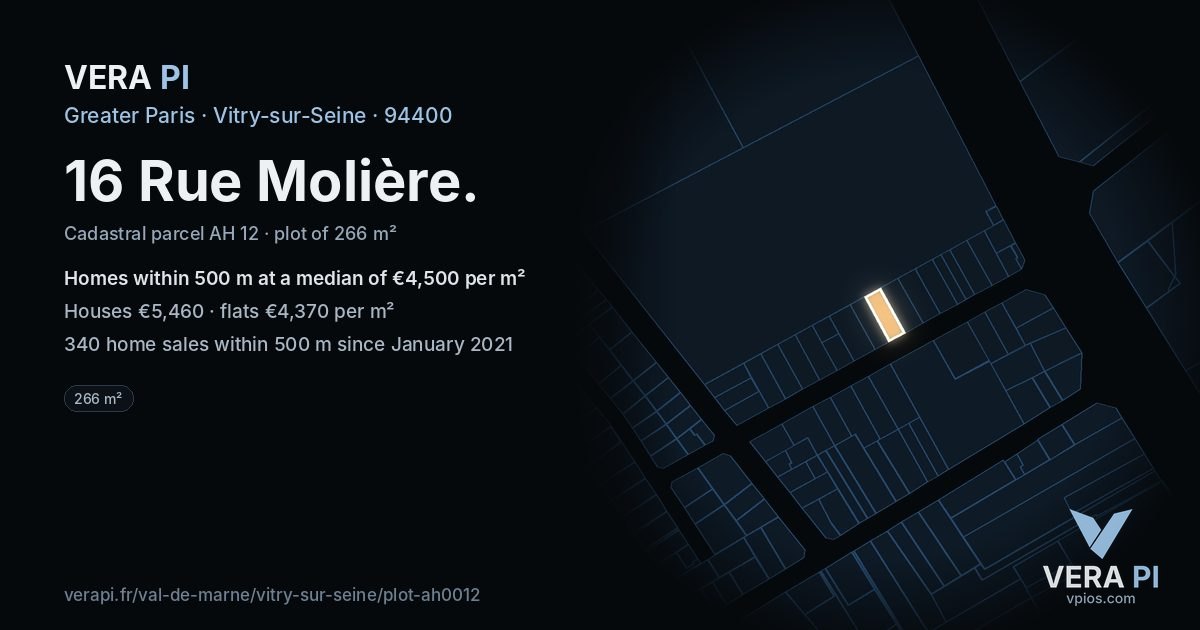 16 Rue Molière, Vitry-sur-Seine at night – the plot lit, the parcels around coloured by the prices near them