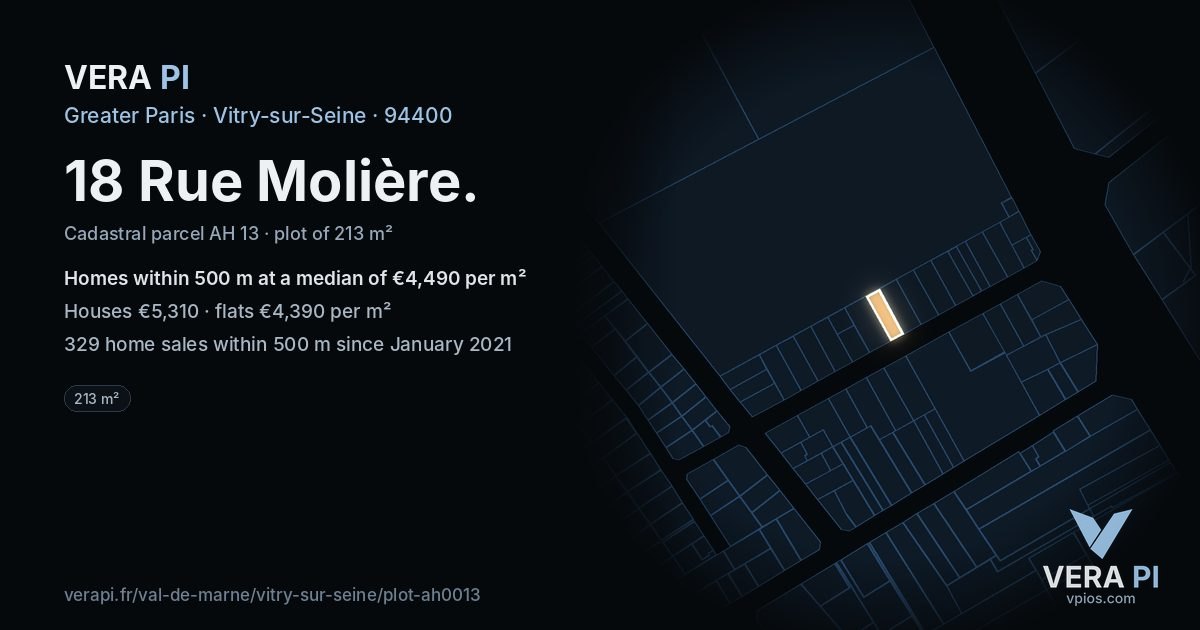 18 Rue Molière, Vitry-sur-Seine at night – the plot lit, the parcels around coloured by the prices near them
