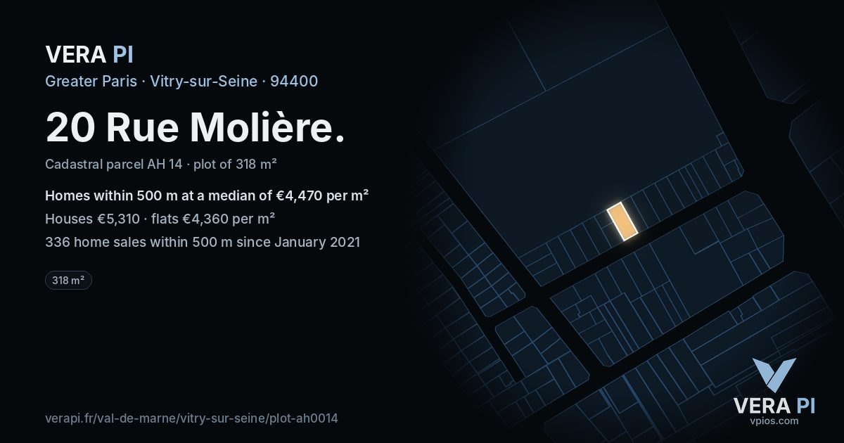20 Rue Molière, Vitry-sur-Seine at night – the plot lit, the parcels around coloured by the prices near them