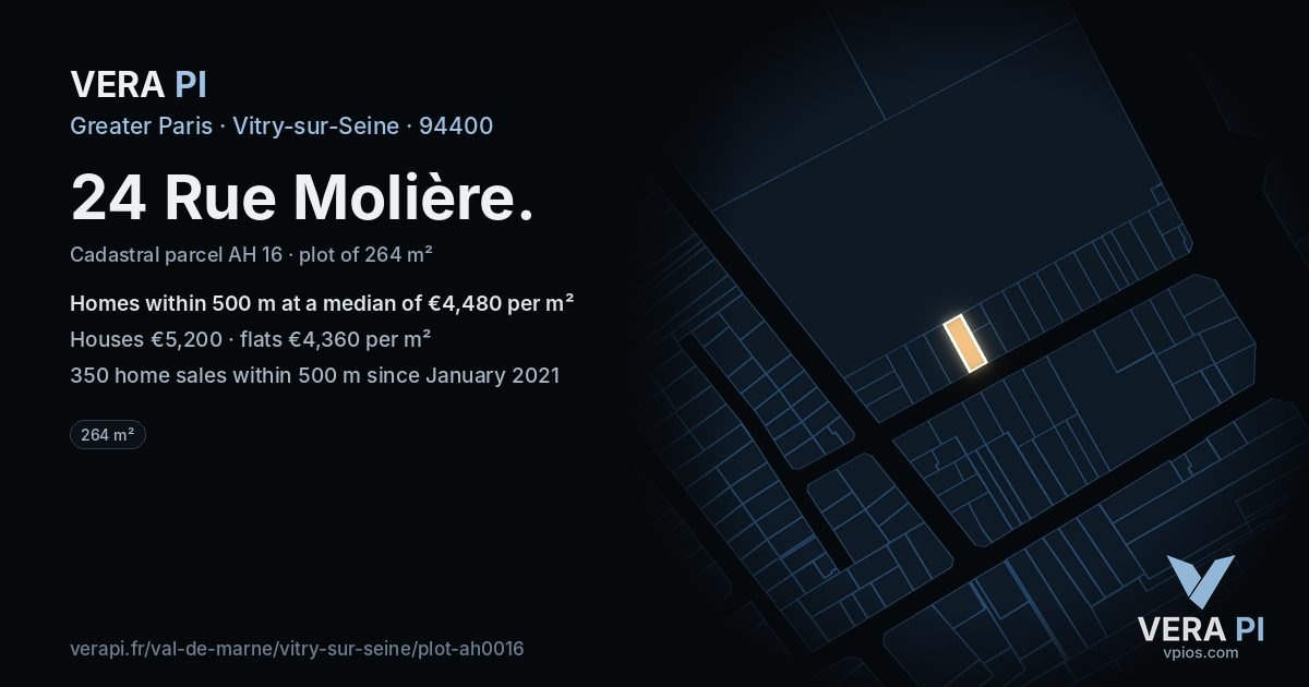 24 Rue Molière, Vitry-sur-Seine at night – the plot lit, the parcels around coloured by the prices near them