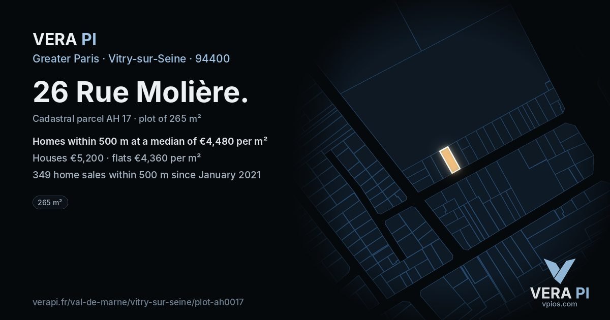 26 Rue Molière, Vitry-sur-Seine at night – the plot lit, the parcels around coloured by the prices near them