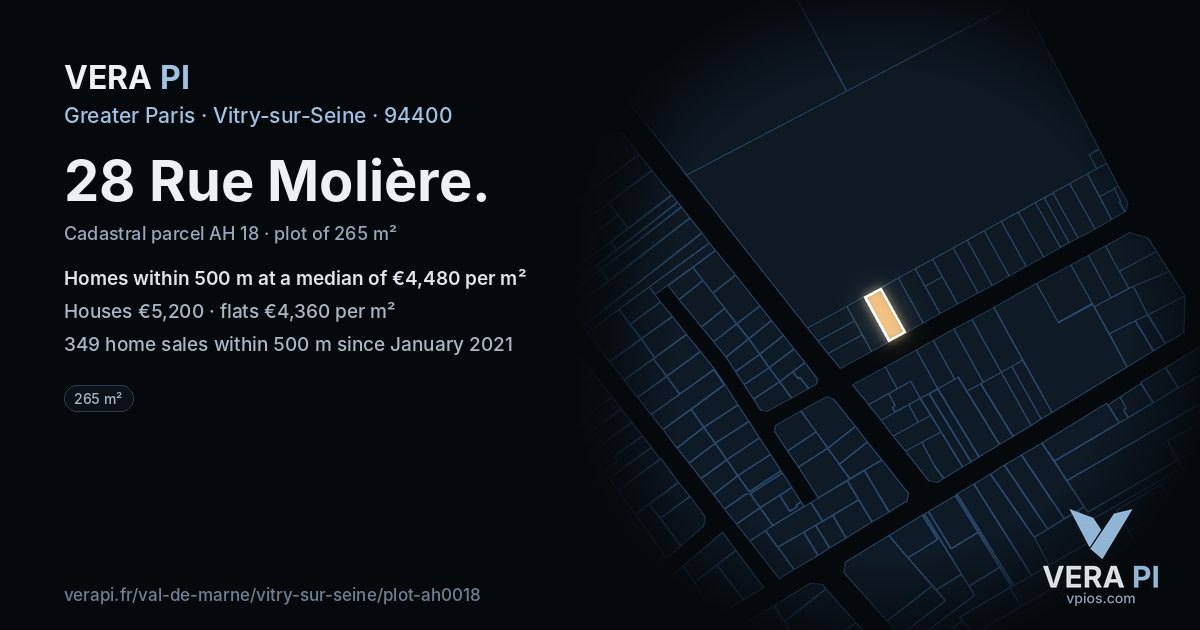 28 Rue Molière, Vitry-sur-Seine at night – the plot lit, the parcels around coloured by the prices near them