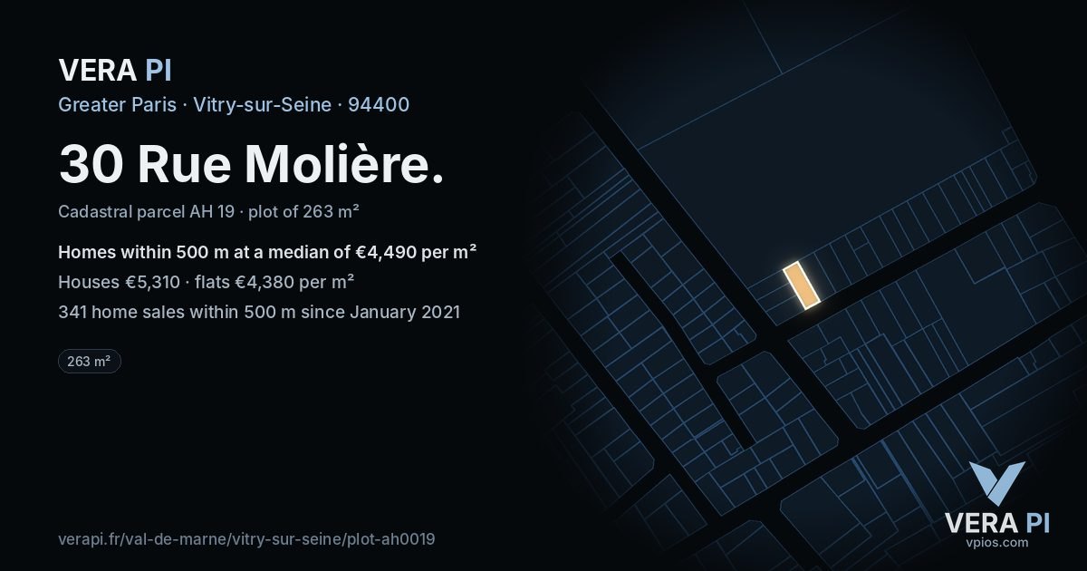 30 Rue Molière, Vitry-sur-Seine at night – the plot lit, the parcels around coloured by the prices near them