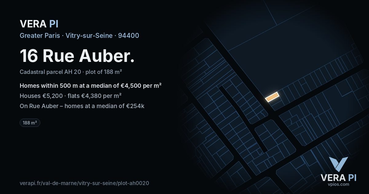 16 Rue Auber, Vitry-sur-Seine at night – the plot lit, the parcels around coloured by the prices near them