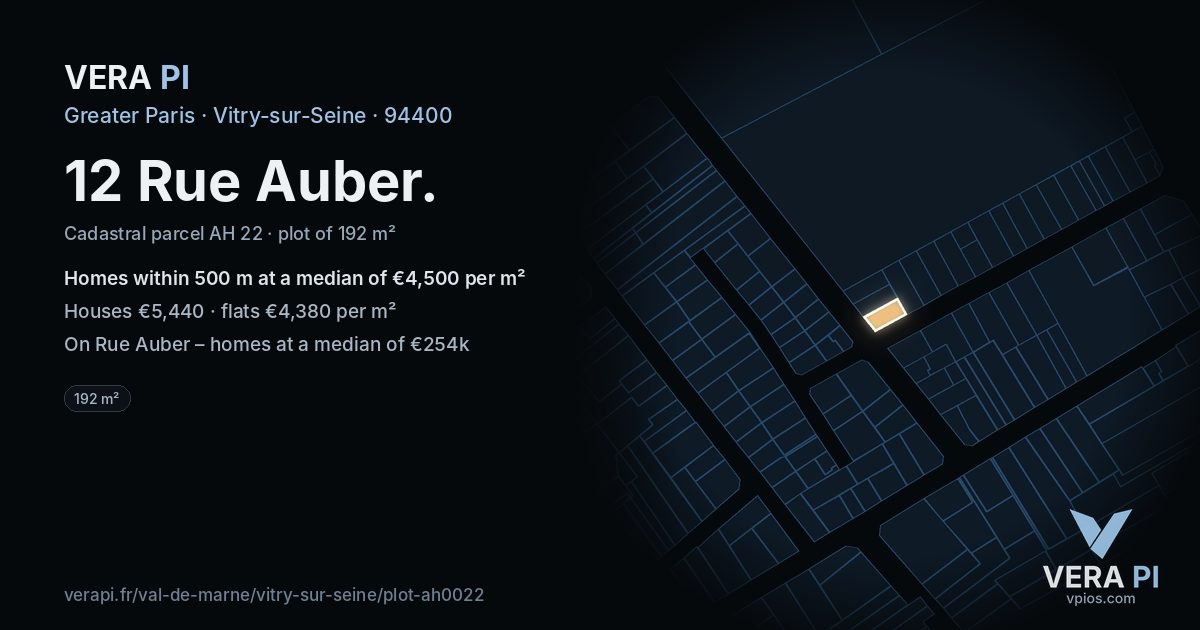 12 Rue Auber, Vitry-sur-Seine at night – the plot lit, the parcels around coloured by the prices near them
