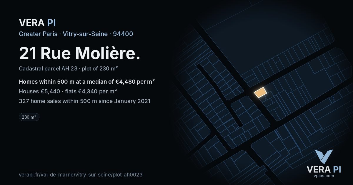21 Rue Molière, Vitry-sur-Seine at night – the plot lit, the parcels around coloured by the prices near them