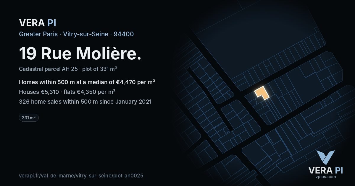 19 Rue Molière, Vitry-sur-Seine at night – the plot lit, the parcels around coloured by the prices near them