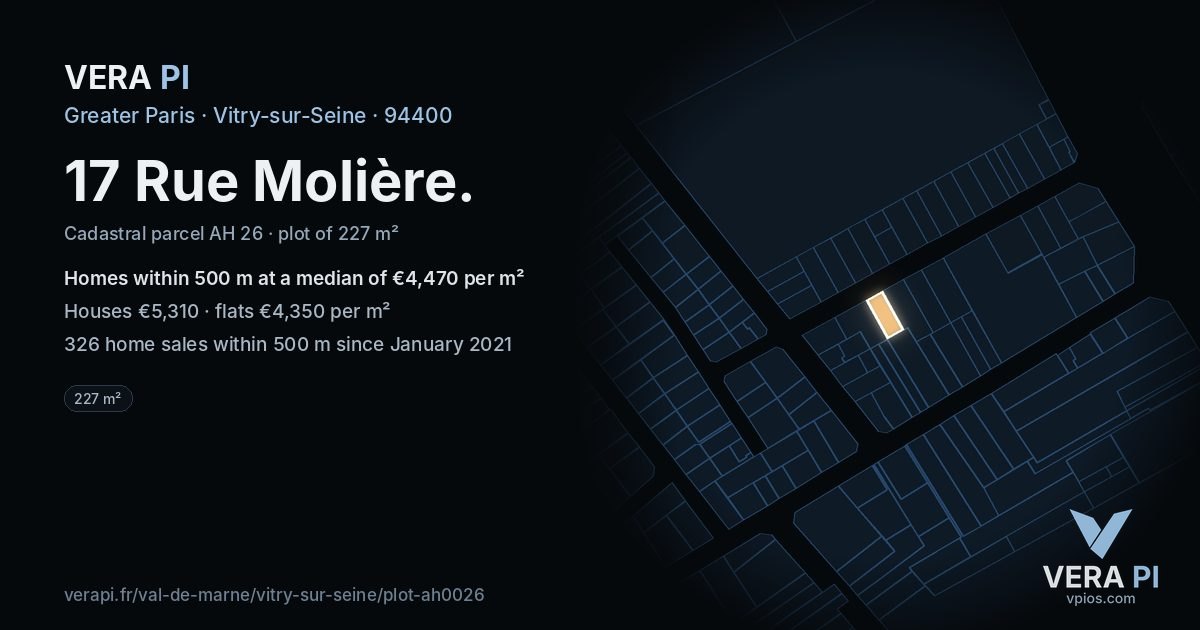 17 Rue Molière, Vitry-sur-Seine at night – the plot lit, the parcels around coloured by the prices near them