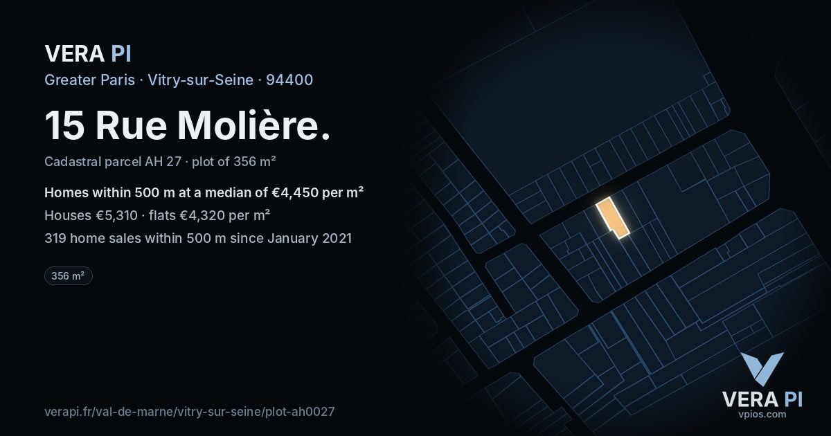 15 Rue Molière, Vitry-sur-Seine at night – the plot lit, the parcels around coloured by the prices near them