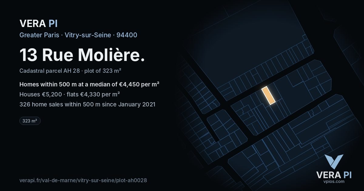 13 Rue Molière, Vitry-sur-Seine at night – the plot lit, the parcels around coloured by the prices near them