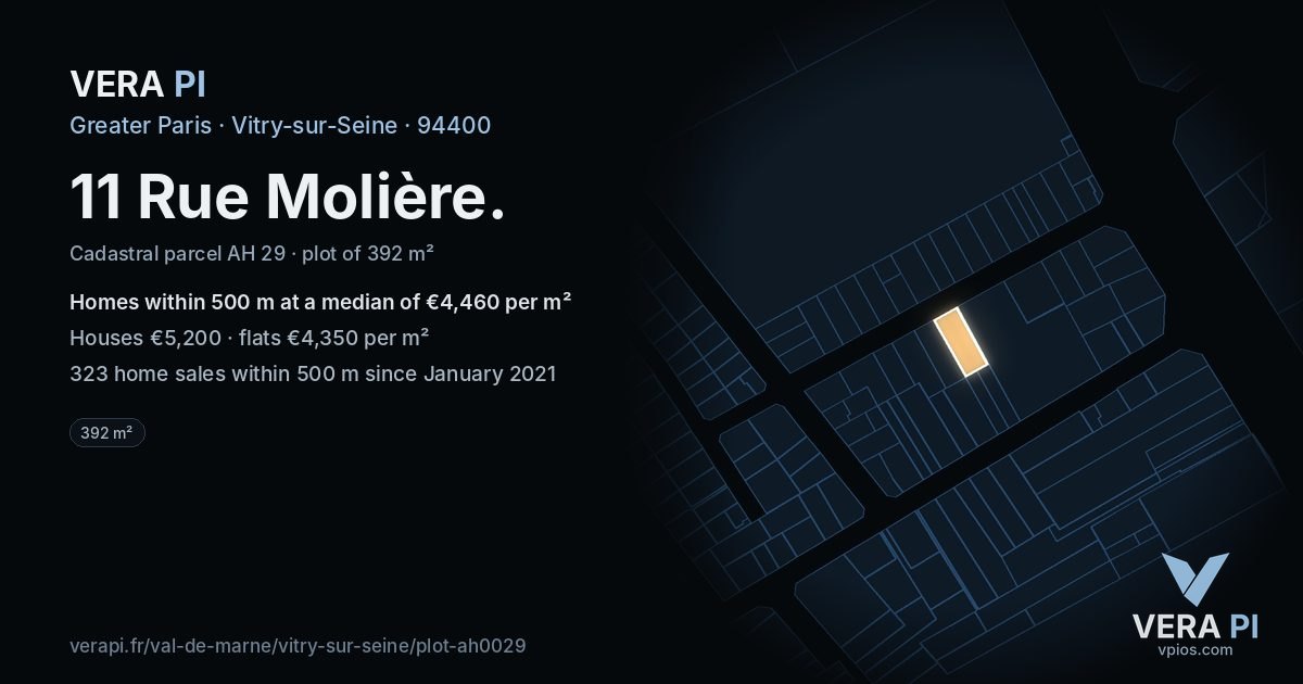 11 Rue Molière, Vitry-sur-Seine at night – the plot lit, the parcels around coloured by the prices near them