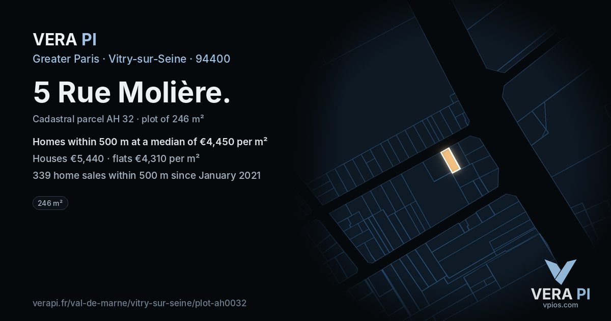 5 Rue Molière, Vitry-sur-Seine at night – the plot lit, the parcels around coloured by the prices near them