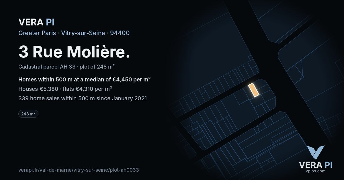 3 Rue Molière, Vitry-sur-Seine at night – the plot lit, the parcels around coloured by the prices near them