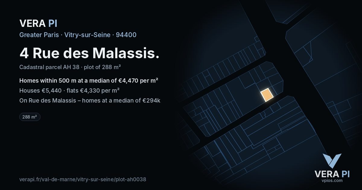 4 Rue des Malassis, Vitry-sur-Seine at night – the plot lit, the parcels around coloured by the prices near them