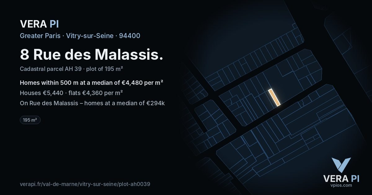8 Rue des Malassis, Vitry-sur-Seine at night – the plot lit, the parcels around coloured by the prices near them