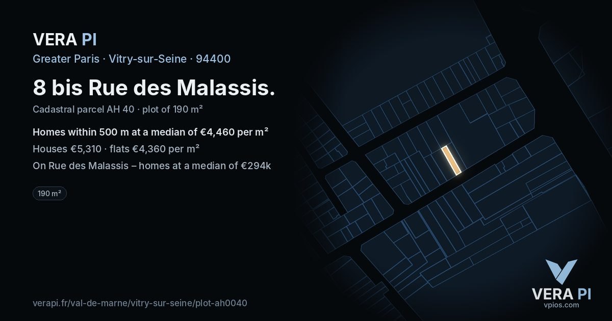 8 bis Rue des Malassis, Vitry-sur-Seine at night – the plot lit, the parcels around coloured by the prices near them