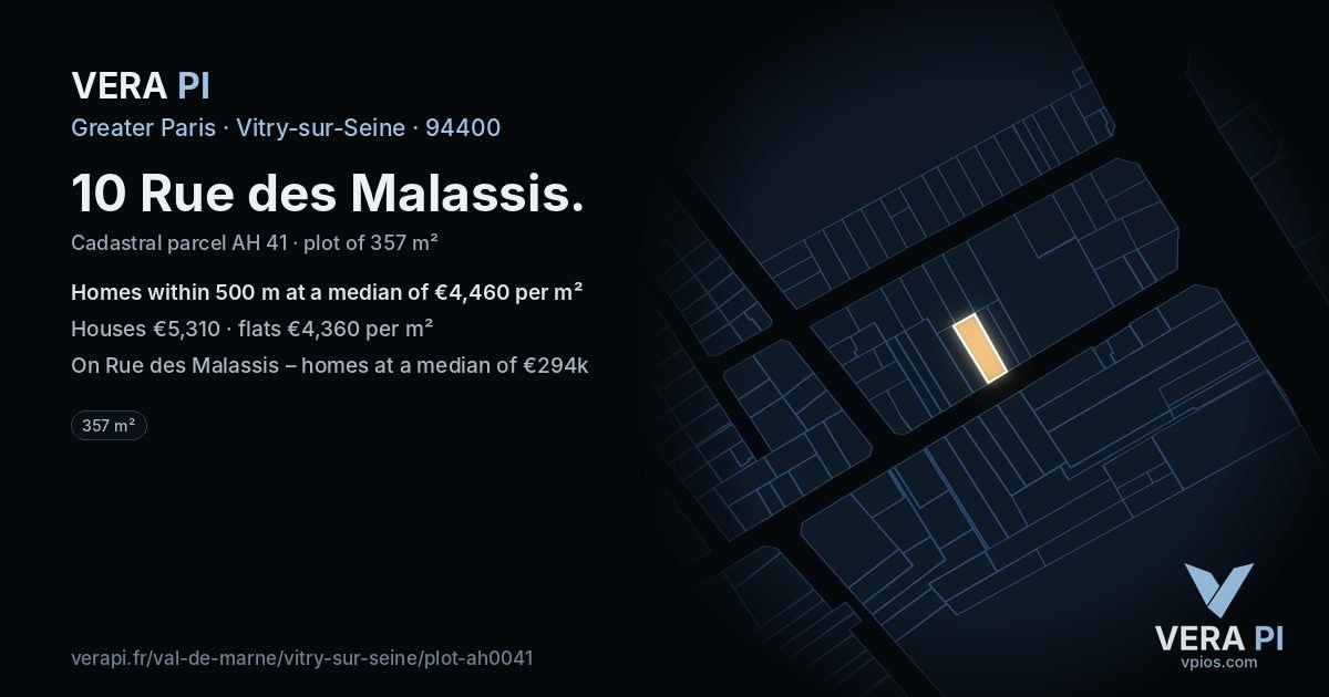 10 Rue des Malassis, Vitry-sur-Seine at night – the plot lit, the parcels around coloured by the prices near them