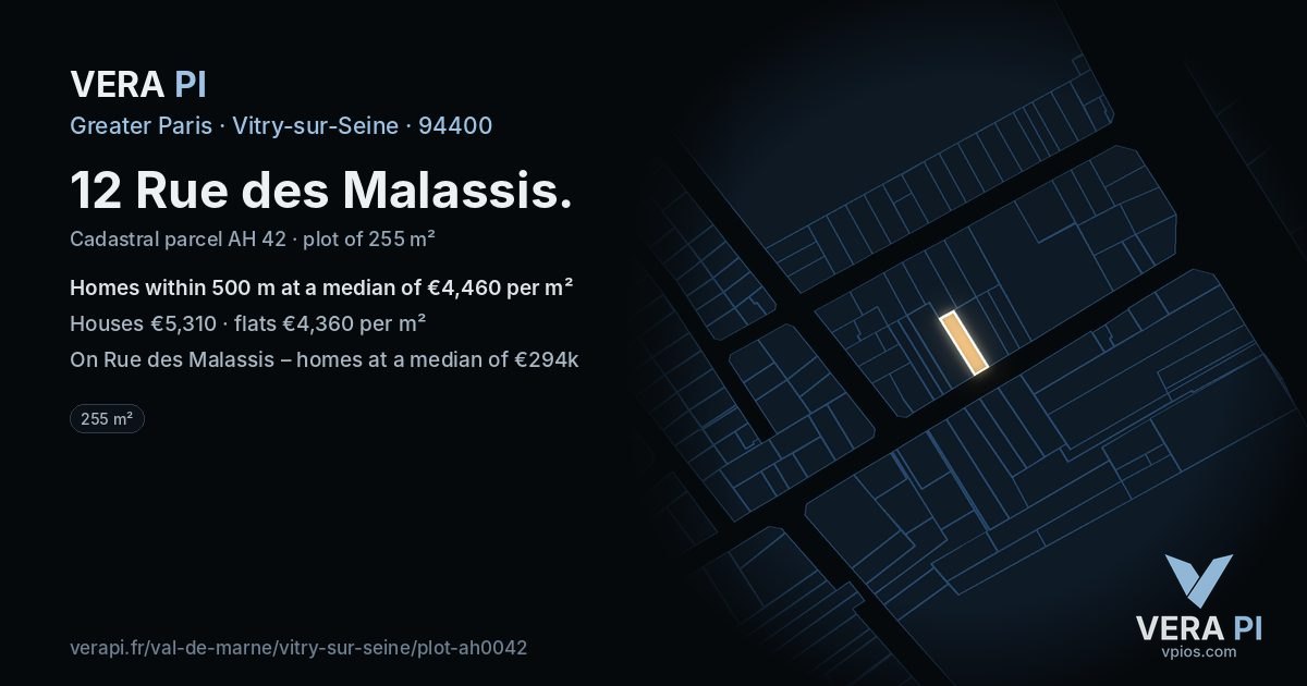 12 Rue des Malassis, Vitry-sur-Seine at night – the plot lit, the parcels around coloured by the prices near them