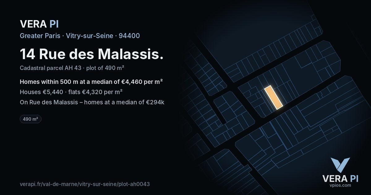 14 Rue des Malassis, Vitry-sur-Seine at night – the plot lit, the parcels around coloured by the prices near them