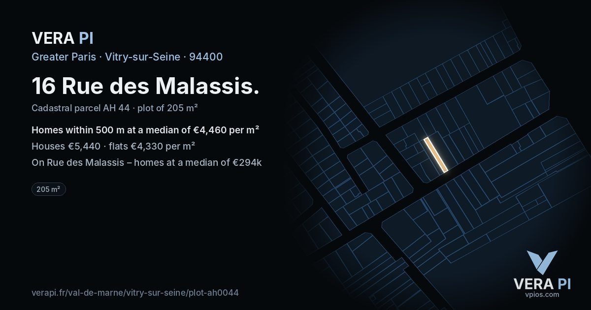 16 Rue des Malassis, Vitry-sur-Seine at night – the plot lit, the parcels around coloured by the prices near them