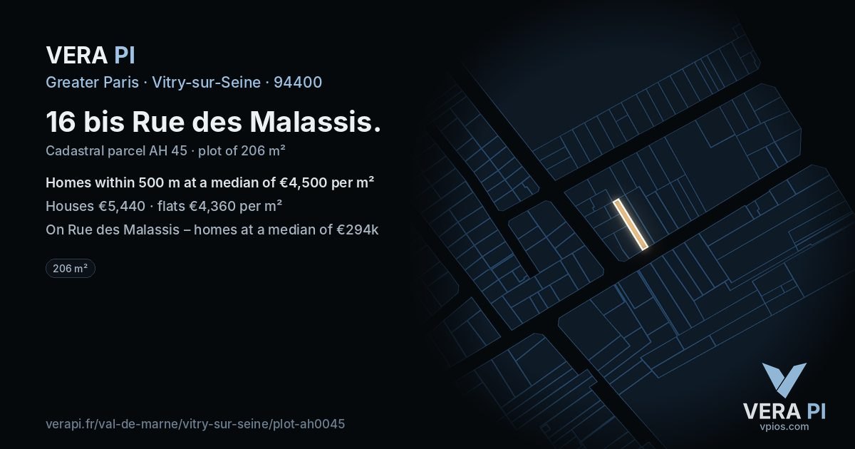 16 bis Rue des Malassis, Vitry-sur-Seine at night – the plot lit, the parcels around coloured by the prices near them