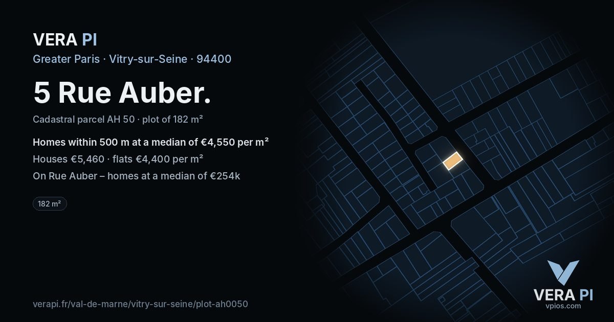5 Rue Auber, Vitry-sur-Seine at night – the plot lit, the parcels around coloured by the prices near them