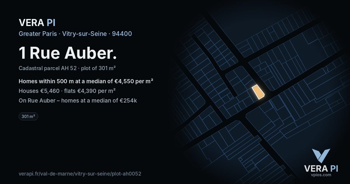 1 Rue Auber, Vitry-sur-Seine at night – the plot lit, the parcels around coloured by the prices near them