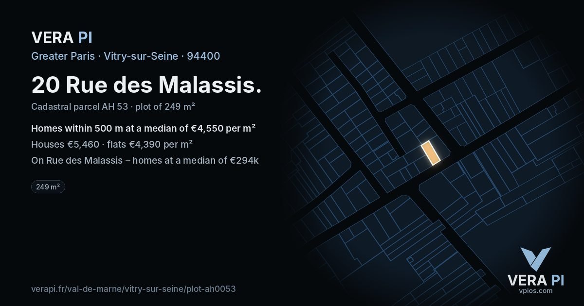 20 Rue des Malassis, Vitry-sur-Seine at night – the plot lit, the parcels around coloured by the prices near them