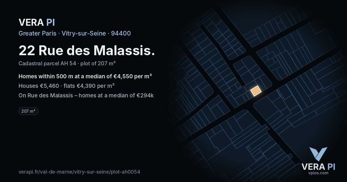 22 Rue des Malassis, Vitry-sur-Seine at night – the plot lit, the parcels around coloured by the prices near them