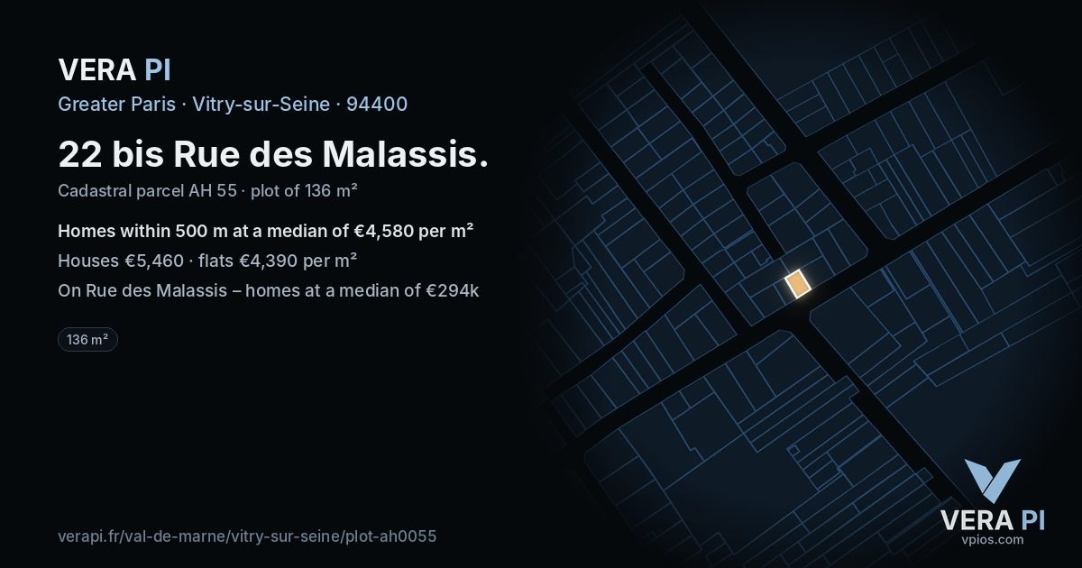 22 bis Rue des Malassis, Vitry-sur-Seine at night – the plot lit, the parcels around coloured by the prices near them