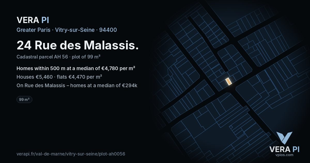 24 Rue des Malassis, Vitry-sur-Seine at night – the plot lit, the parcels around coloured by the prices near them