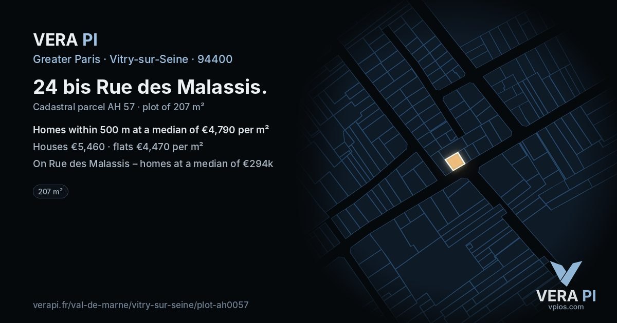 24 bis Rue des Malassis, Vitry-sur-Seine at night – the plot lit, the parcels around coloured by the prices near them