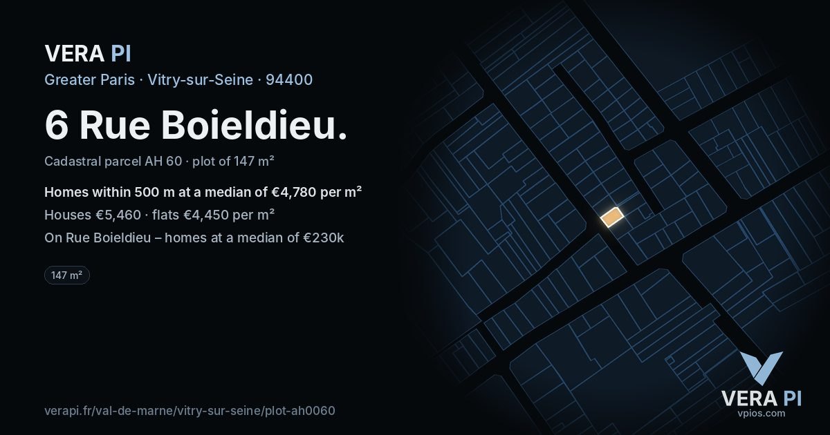 6 Rue Boieldieu, Vitry-sur-Seine at night – the plot lit, the parcels around coloured by the prices near them
