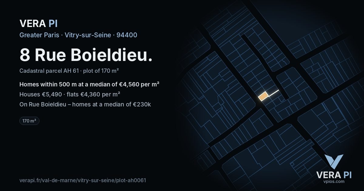 8 Rue Boieldieu, Vitry-sur-Seine at night – the plot lit, the parcels around coloured by the prices near them